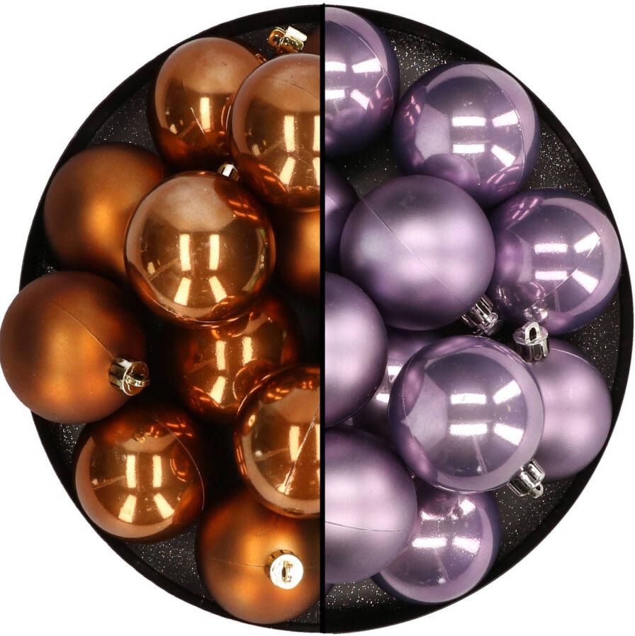 Merkloos Kunststof kerstballen 6 cm 24x stuks bruin en lila paars Kerstbal