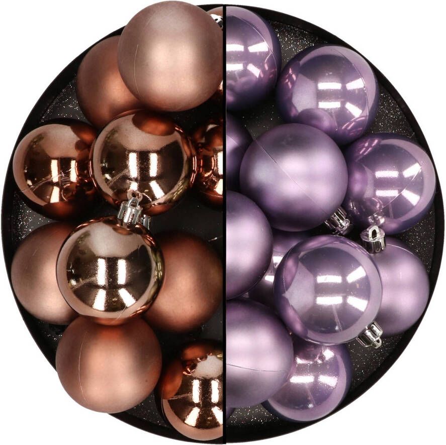 Merkloos Kunststof kerstballen 6 cm 24x stuks bruin en lila paars Kerstbal