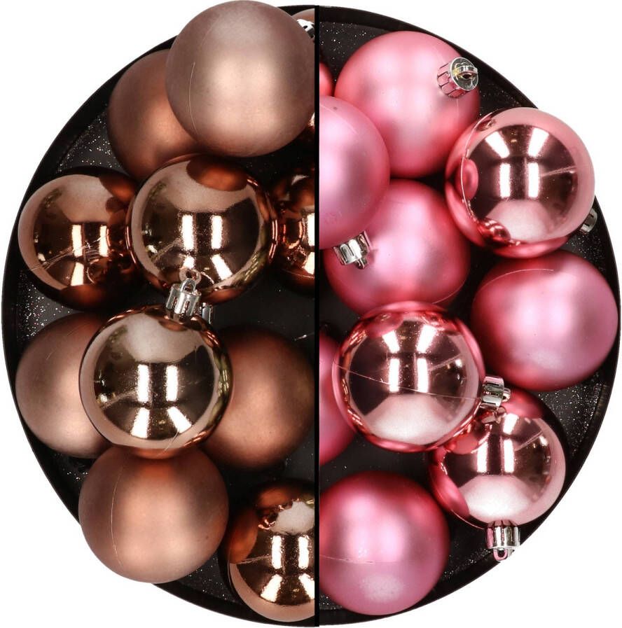 Merkloos Kunststof kerstballen 6 cm 24x stuks bruin en roze Kerstbal