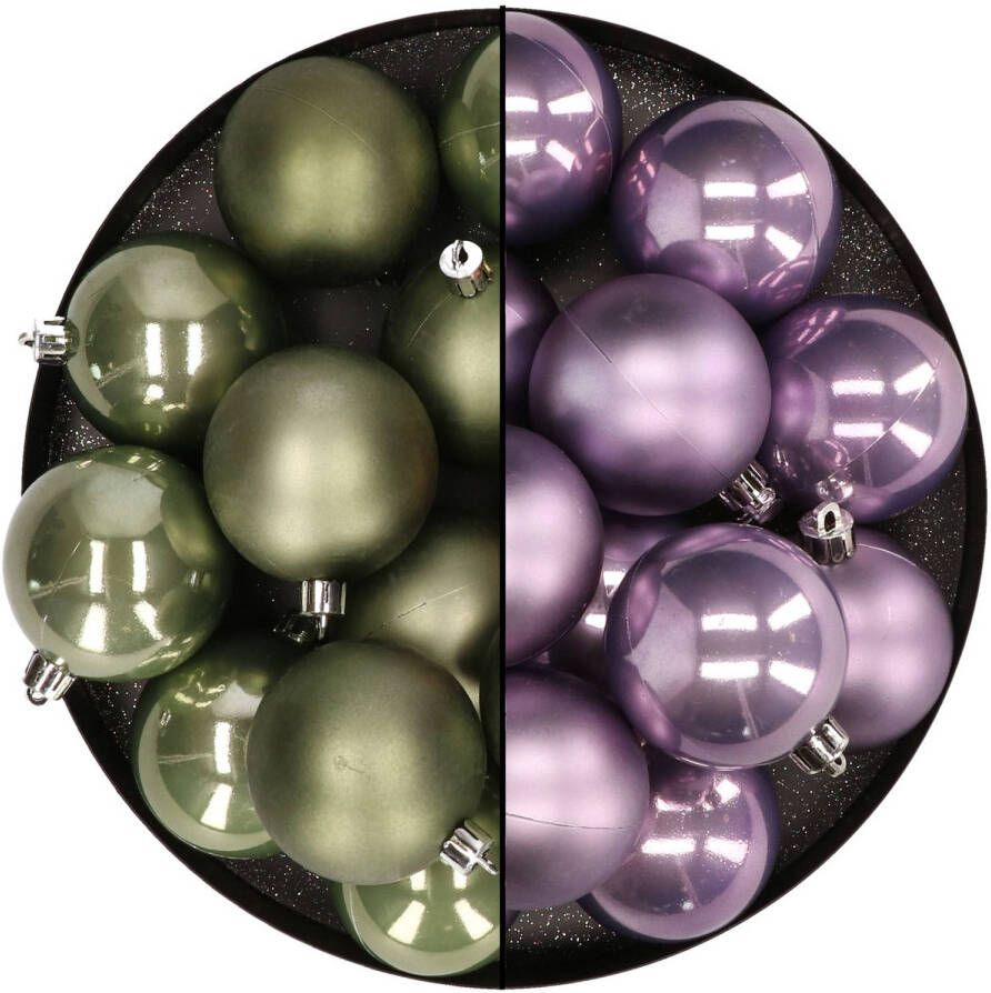 Merkloos Kunststof kerstballen 6 cm 24x stuks groen en lila paars Kerstbal