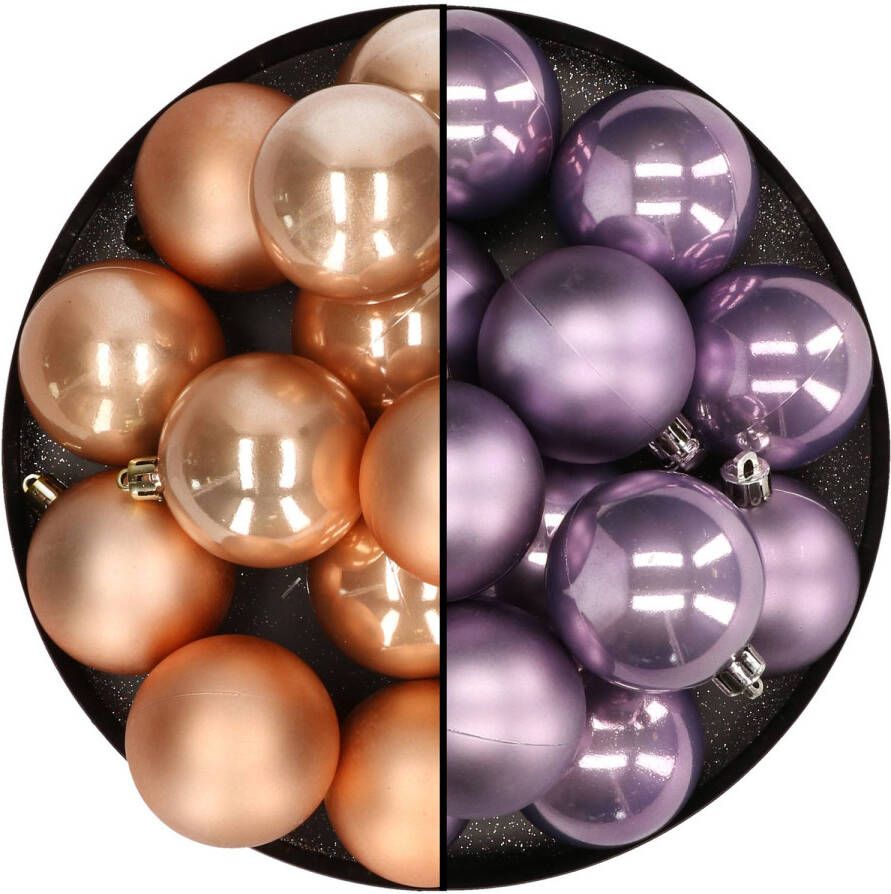Merkloos Kunststof kerstballen 6 cm 24x stuks lichtbruin en lila paars Kerstbal