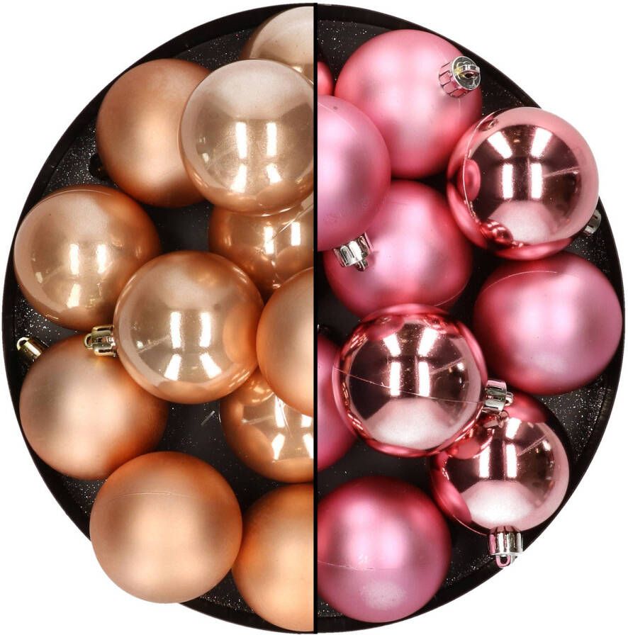 Merkloos Kunststof kerstballen 6 cm 24x stuks lichtbruin en roze Kerstbal
