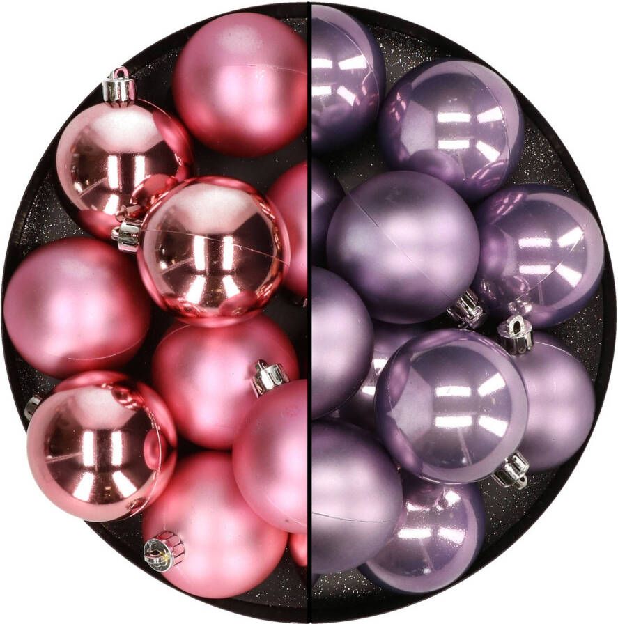 Merkloos Kunststof kerstballen 6 cm 24x stuks roze en lila paars Kerstbal