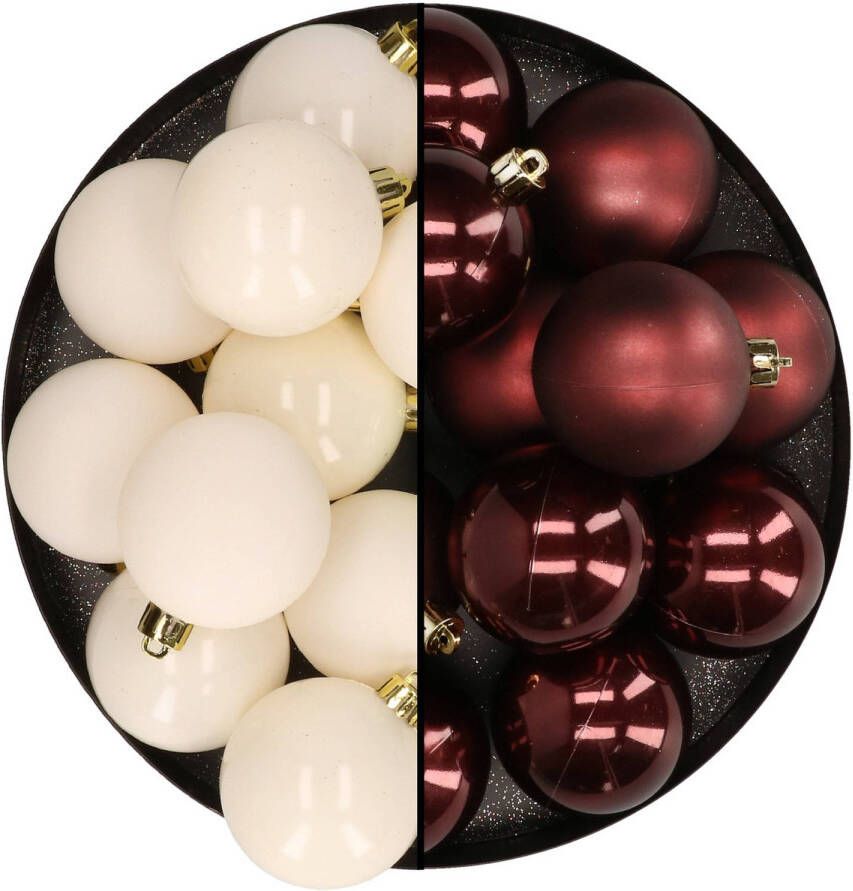 Merkloos Kunststof kerstballen 6 cm 24x stuks wol wit en bruin Kerstbal