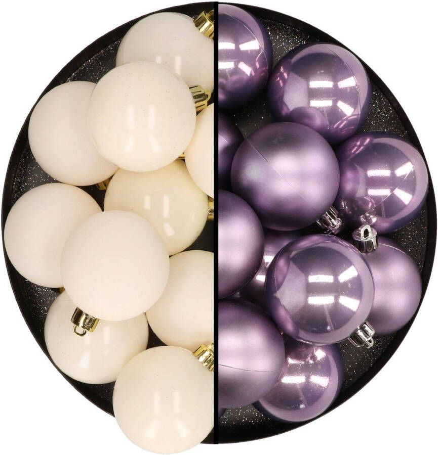 Merkloos Kunststof kerstballen 6 cm 24x stuks wol wit en lila paars Kerstbal