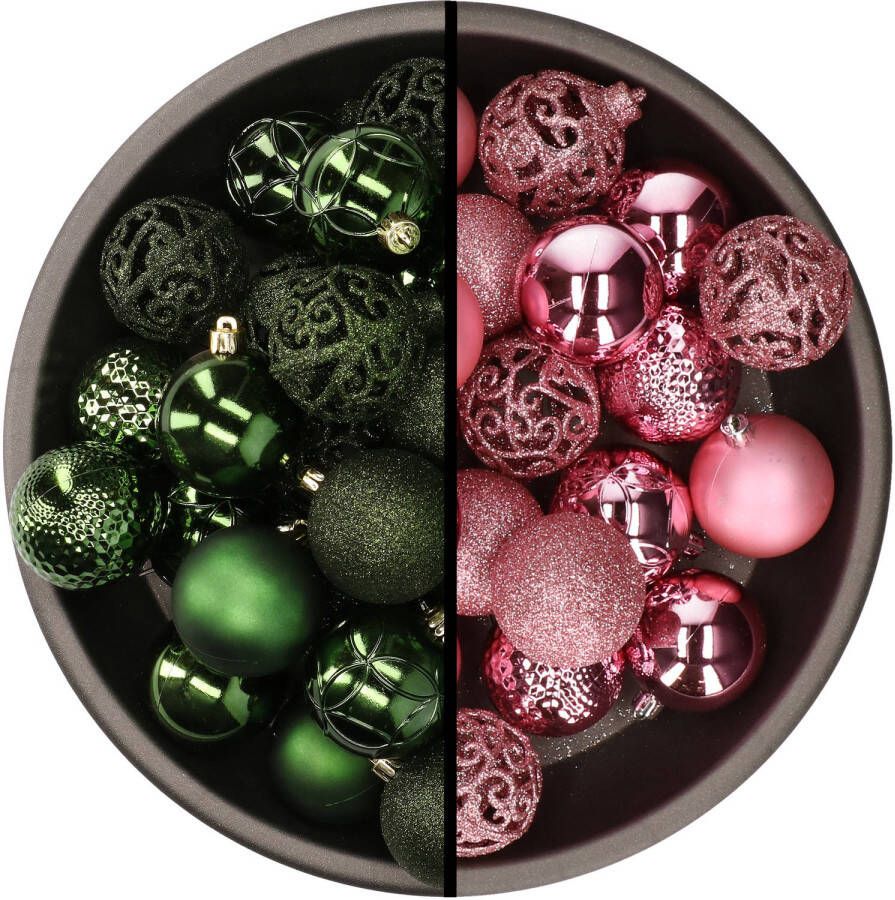 Merkloos Kunststof kerstballen 74x stuks donkergroen en roze 6 cm Kerstbal
