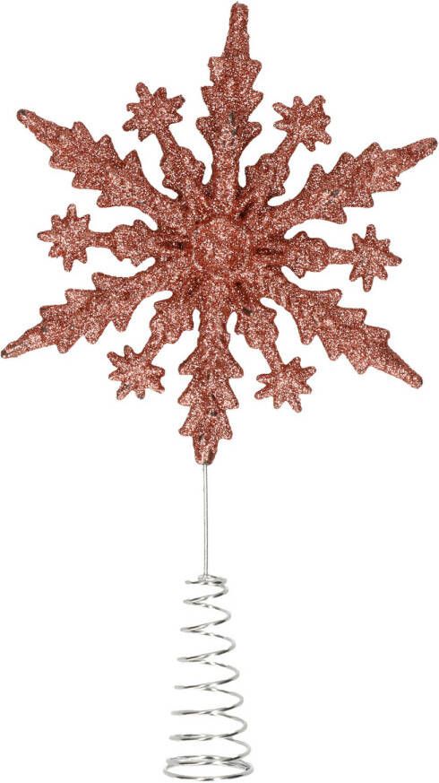 Merkloos Kunststof kerstboom 3D sneeuwvlok piek glitter donker roze rose 20 cm kerstboompieken