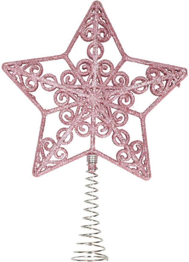 Merkloos Kunststof kerstboom open ster piek glitter roze 20 cm kerstboompieken