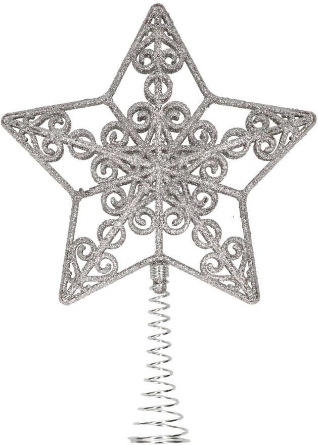 Merkloos Kunststof kerstboom open ster piek glitter zilver 20 cm kerstboompieken