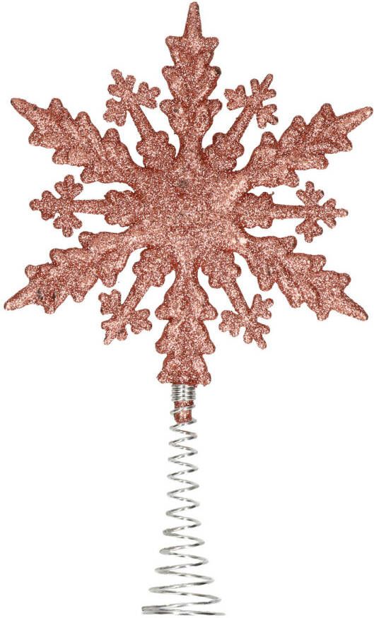 Merkloos Kunststof kerstboom platte sneeuwvlok piek glitter donker roze rose 20 cm kerstboompieken
