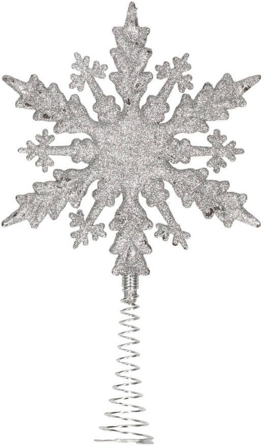 Merkloos Kunststof kerstboom platte sneeuwvlok piek glitter zilver 20 cm kerstboompieken