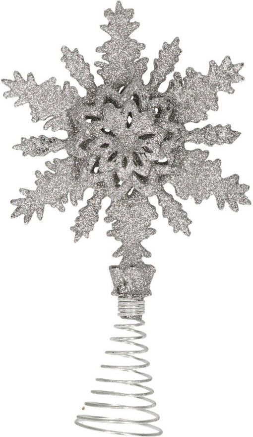Merkloos Kunststof kerstboom sneeuwvlok piek glitter zilver 20 cm kerstboompieken