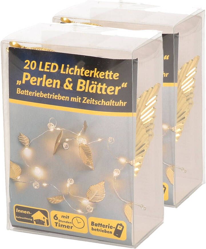 Merkloos LED draadverlichting parels en blaadjes 2x stuks goud 220 cm Lichtsnoeren