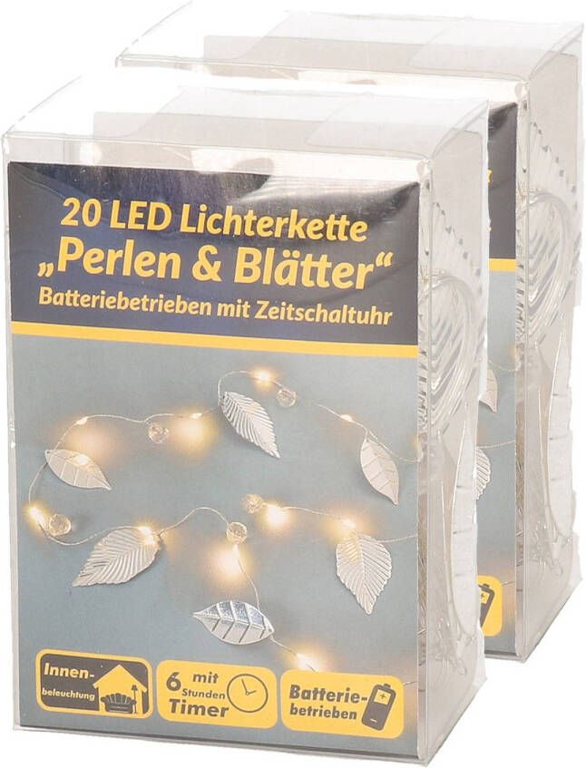 Merkloos LED draadverlichting parels en blaadjes 2x stuks zilver 220 cm Lichtsnoeren