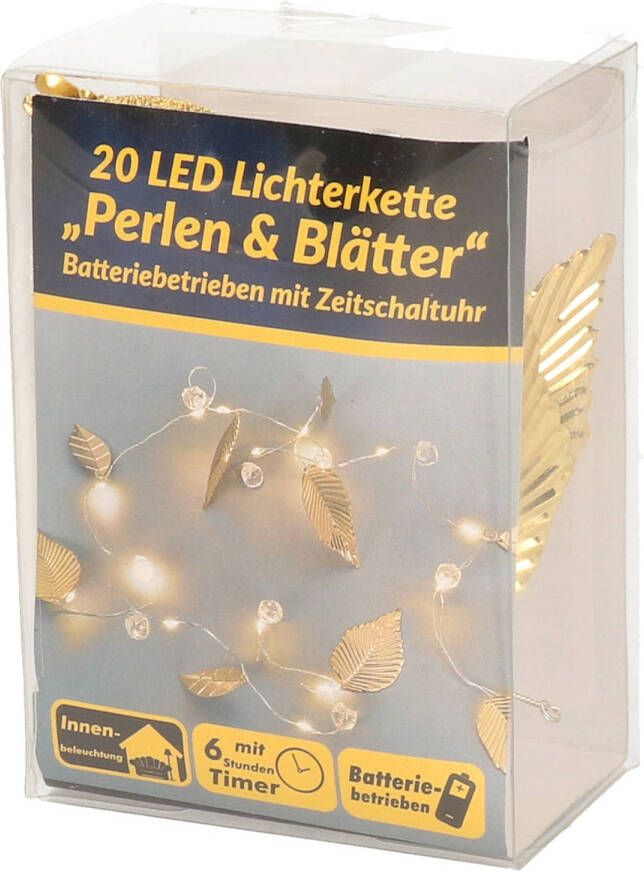 Merkloos LED draadverlichting parels en blaadjes goud 2 20 meter op batterijen met timer Lichtsnoeren
