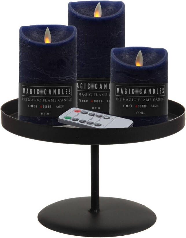 Merkloos LED kaarsen 3x st donkerblauw met zwart rond dienblad 22 cm LED kaarsen