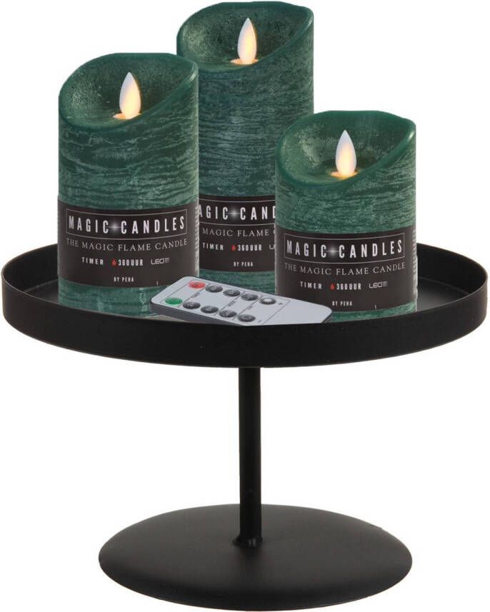 Merkloos LED kaarsen 3x st emerald groen met zwart rond dienblad 22 cm LED kaarsen