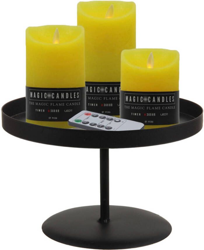 Merkloos LED kaarsen 3x st geel met zwart rond dienblad 22 cm LED kaarsen