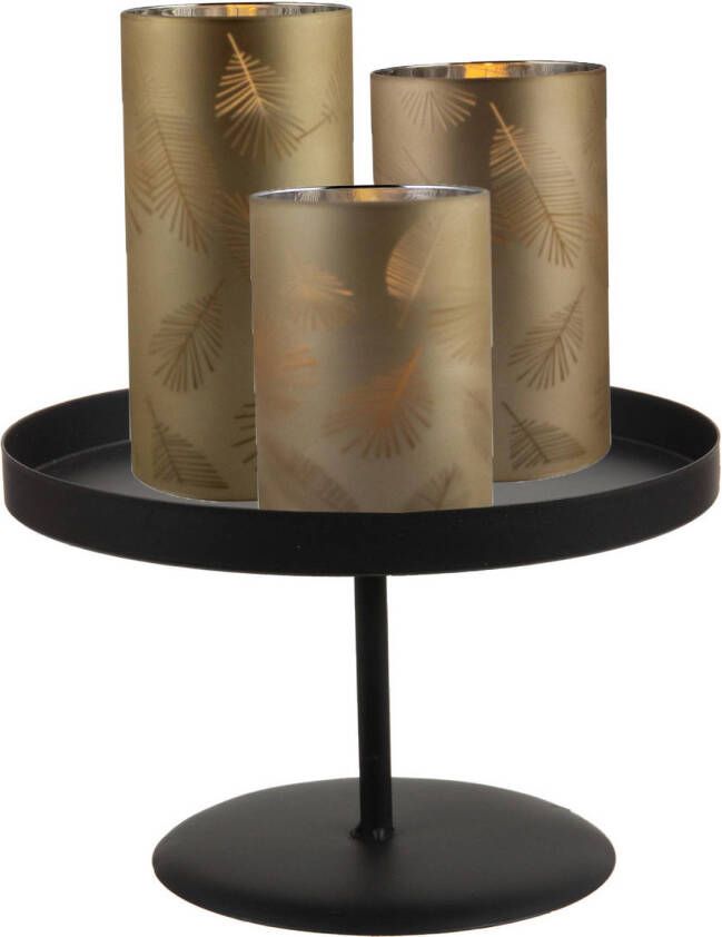 Merkloos LED kaarsen 3x st goud bladeren glas met zwart rond dienblad 22 cm LED kaarsen