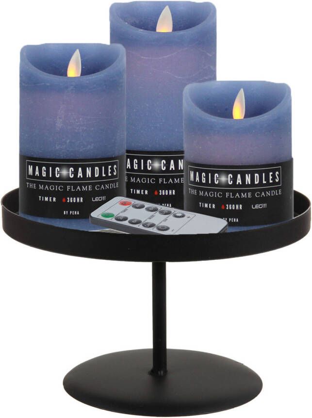 Merkloos LED kaarsen 3x st ijsblauw met zwart rond dienblad 22 cm LED kaarsen