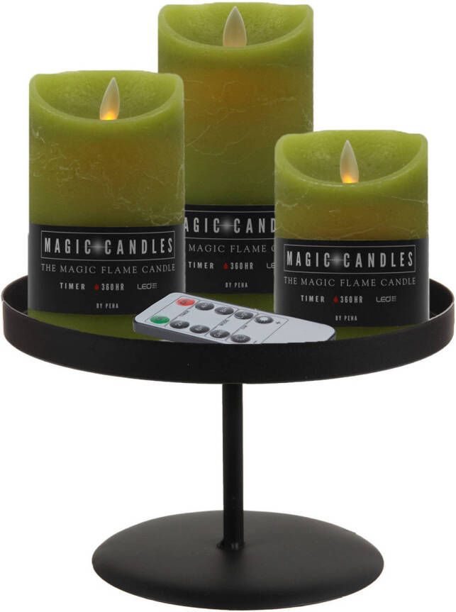 Merkloos LED kaarsen 3x st mos groen met zwart rond dienblad 22 cm LED kaarsen