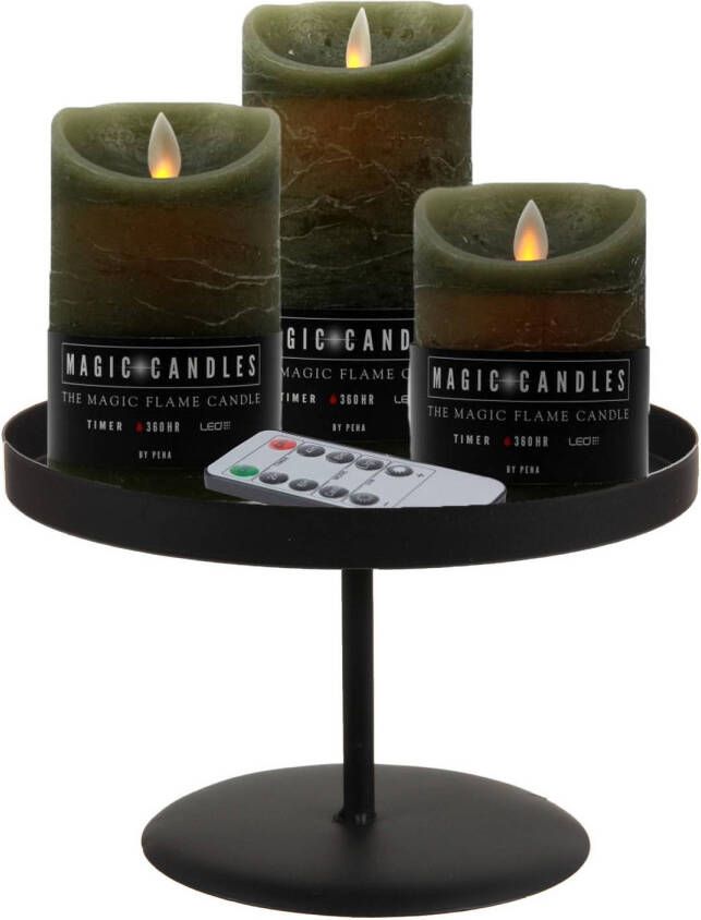 Merkloos LED kaarsen 3x st olijf groen met zwart rond dienblad 22 cm LED kaarsen