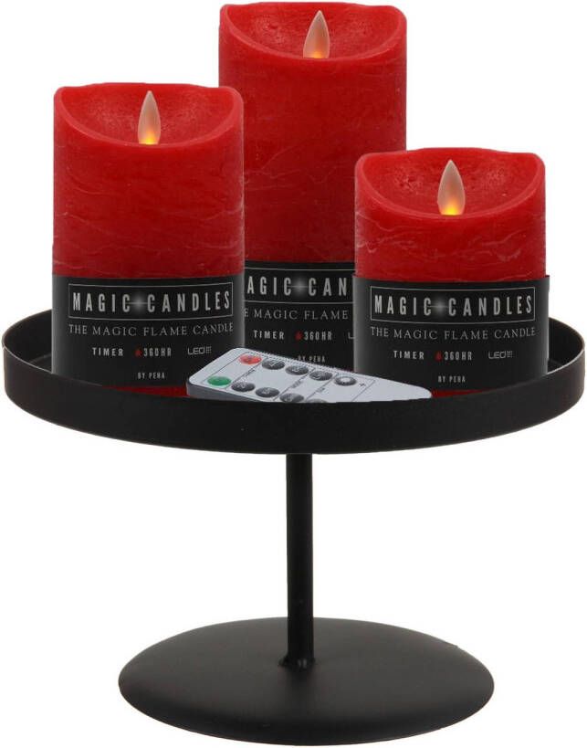 Merkloos LED kaarsen 3x st rood met zwart rond dienblad 22 cm LED kaarsen