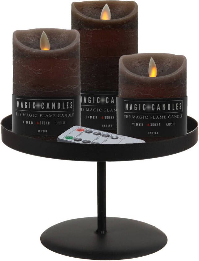 Merkloos LED kaarsen 3x st taupe bruin met zwart rond dienblad 22 cm LED kaarsen