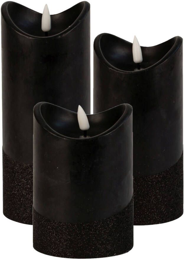 Merkloos LED stompkaarsen set 3x st zwart warm wit licht wax LED kaarsen