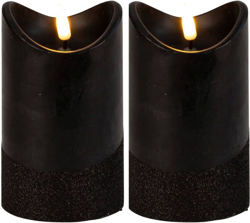 Merkloos Led wax stompkaarsen 2x zwart H12 5 x D7 5 cm warm wit licht LED kaarsen