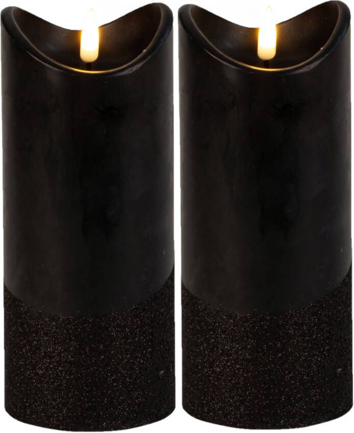 Merkloos Led wax stompkaarsen- 2x zwart H17 5 x D7 5 cm warm wit licht LED kaarsen