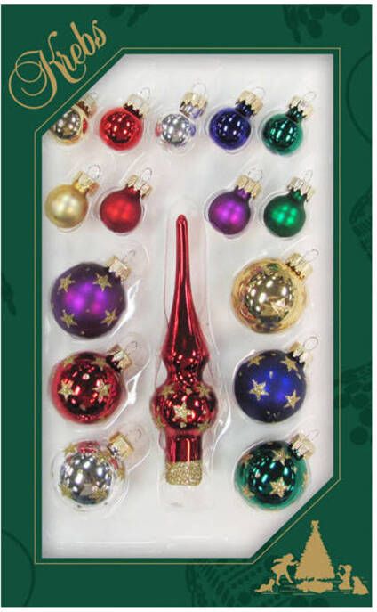 Merkloos Luxe gekleurde glazen mini kerstballen en piek set voor mini kerstboom 16-dlg Kerstbal