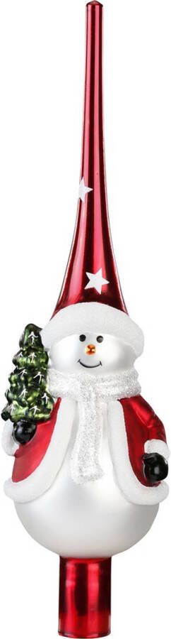 Merkloos Luxe glazen piek kerstboom topper sneeuwpop 28 cm kerstboompieken