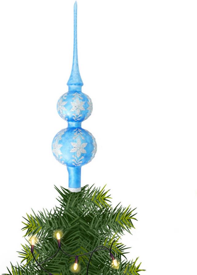 Merkloos Luxe kerstpieken blauw met glitter ijsbloemen 30 cm kerstboompieken