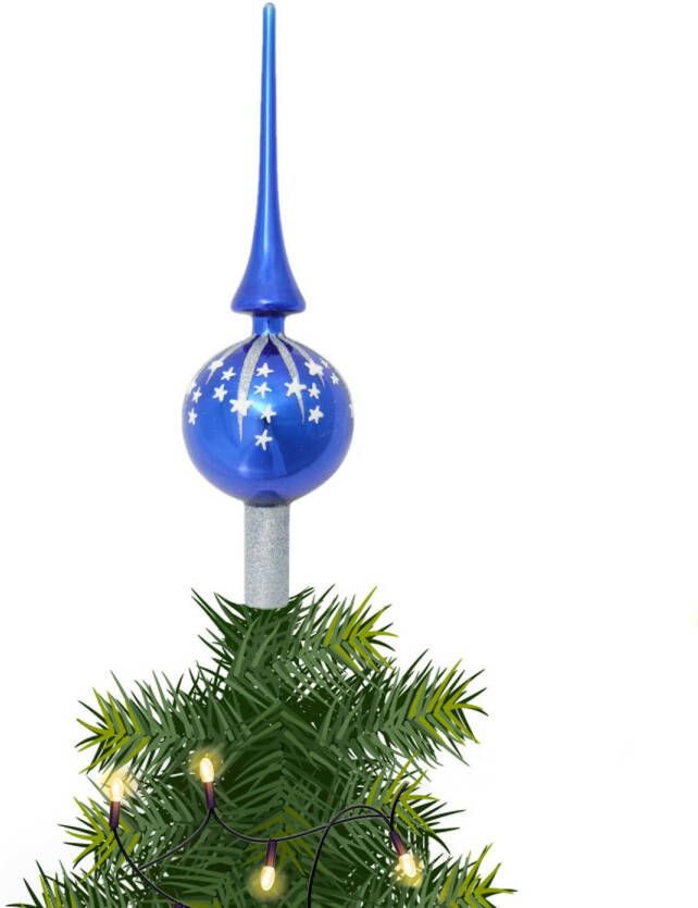 Merkloos Luxe kerstpieken blauw met zilveren glitter opdruk 28 cm kerstboompieken