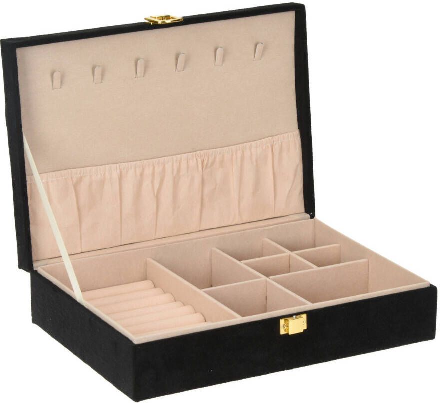 Merkloos Luxe sieradenbox juwelendoos zwart fluweel 28 x 19 x 7 cm Sieradendozen
