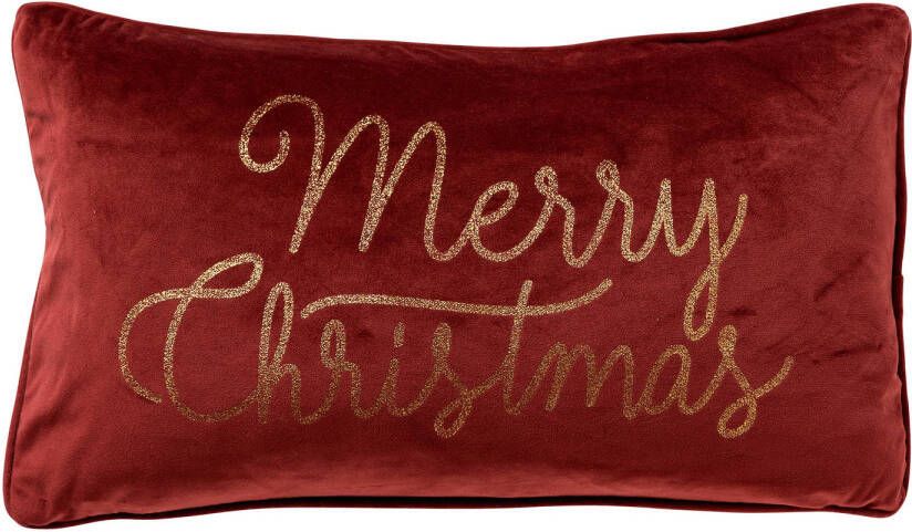 Merkloos MERRY CHRISTMAS Sierkussen 30x50 cm Rood Kerst decoratie velvet