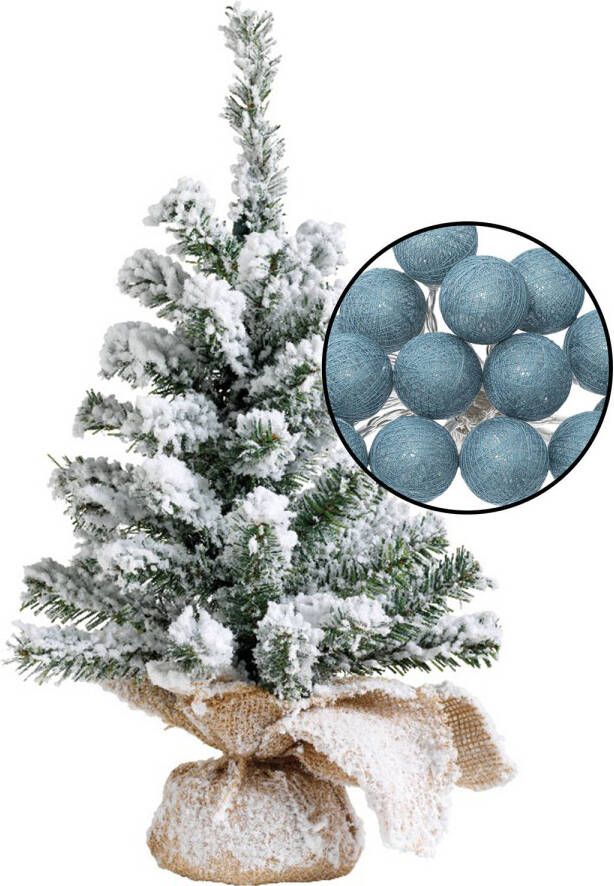 Merkloos Mini kerstboom besneeuwd incl. lichtsnoer bollen blauw H45 cm Kunstkerstboom