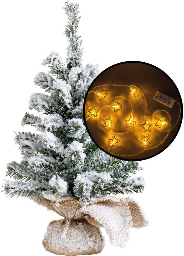 Merkloos Mini kerstboom besneeuwd met 3D sterren verlichting H45 cm Kunstkerstboom