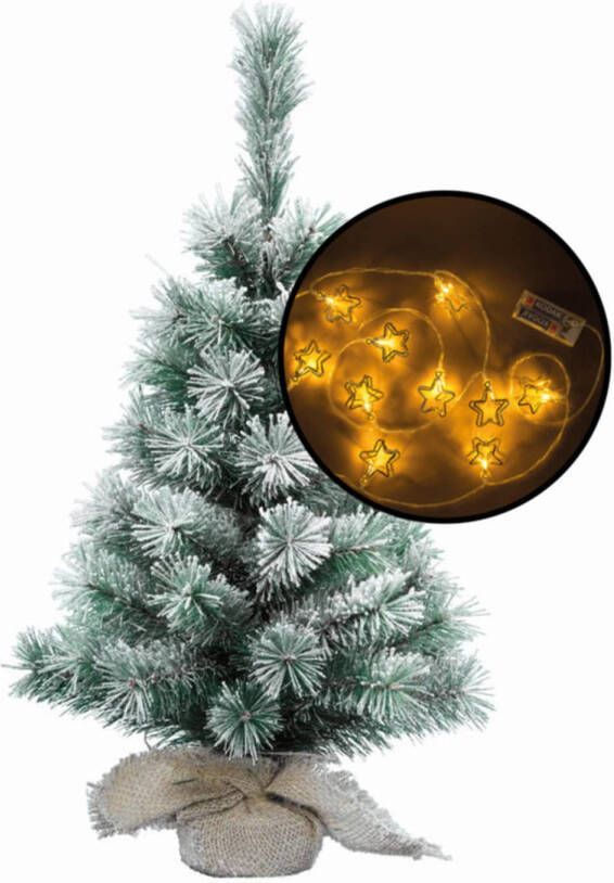 Merkloos Mini kerstboom besneeuwd met 3D sterren verlichting H60 cm Kunstkerstboom