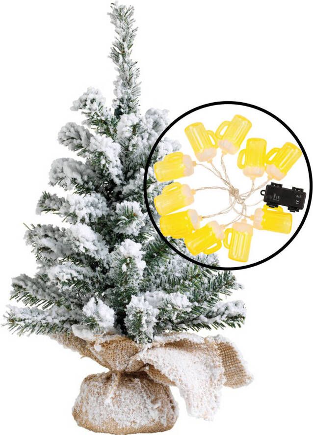 Merkloos Mini kerstboom besneeuwd met bier thema verlichting H45 cm Kunstkerstboom