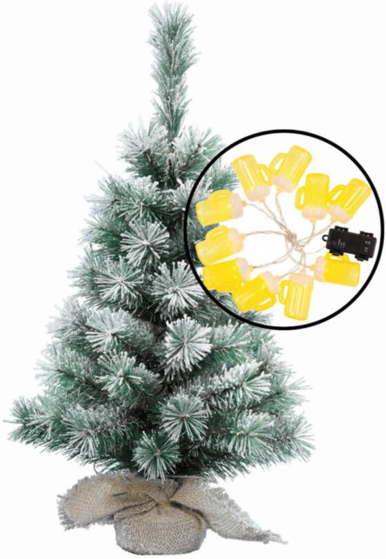 Merkloos Mini kerstboom besneeuwd met bierpullen verlichting H60 cm Kunstkerstboom