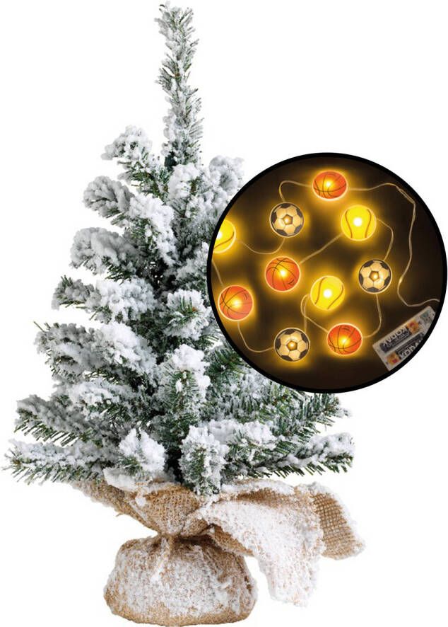 Merkloos Mini kerstboom besneeuwd met sport thema verlichting H45 cm Kunstkerstboom