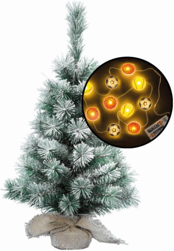 Merkloos Mini kerstboom besneeuwd met sport thema verlichting H60 cm Kunstkerstboom