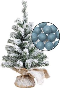 Merkloos Mini kerstboom besneeuwd met verlichting in jute zak H45 cm blauw Kunstkerstboom
