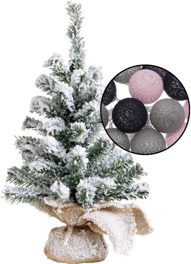 Merkloos Mini kerstboom besneeuwd met verlichting in jute zak H45 cm kleur mix grijs Kunstkerstboom