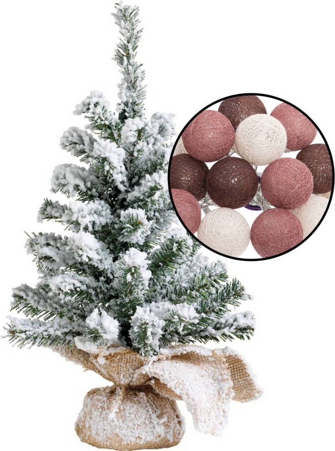 Merkloos Mini kerstboom besneeuwd met verlichting in jute zak H45 cm kleur mix rood Kunstkerstboom