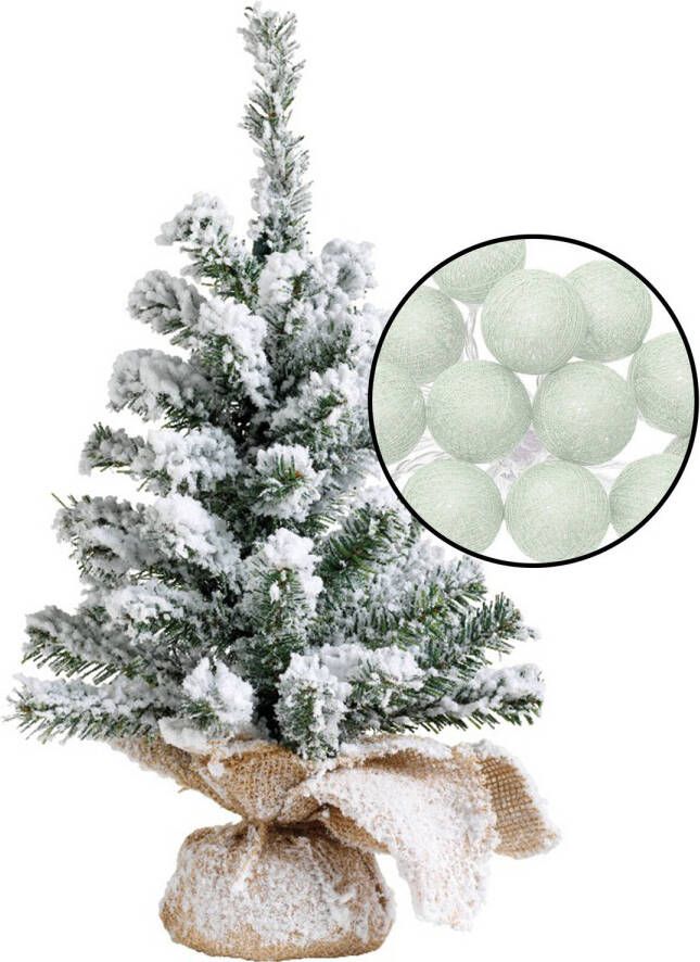 Merkloos Mini kerstboom besneeuwd met verlichting in jute zak H45 cm lichtgroen Kunstkerstboom