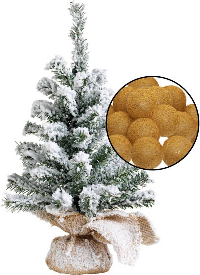 Merkloos Mini kerstboom besneeuwd met verlichting in jute zak H45 cm okergeel Kunstkerstboom