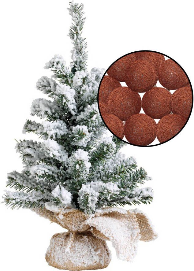Merkloos Mini kerstboom besneeuwd met verlichting in jute zak H45 cm terracotta Kunstkerstboom